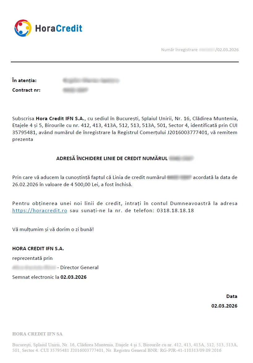 captură de ecran cu Adresa de închidere a liniei de credit de 4.500 lei