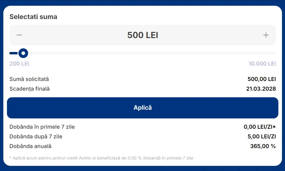 Simulare credit Avinto pentru 500 lei