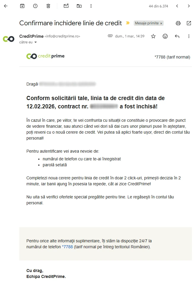 captură de ecran cu emailul „Confirmare închidere linie de credit”