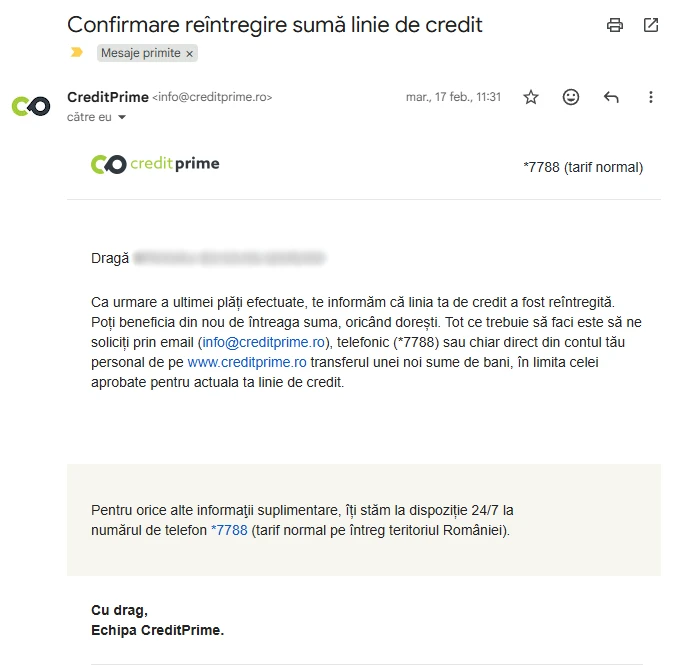 captură de ecran cu emailul „Confirmare reîntregire sumă linie de credit”