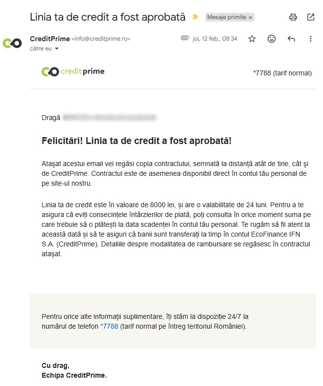captură de ecran cu emailul „Linia ta de credit a fost aprobată”