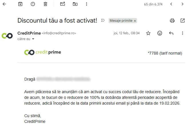captură de ecran cu emailul „Discountul tău a fost activat!”