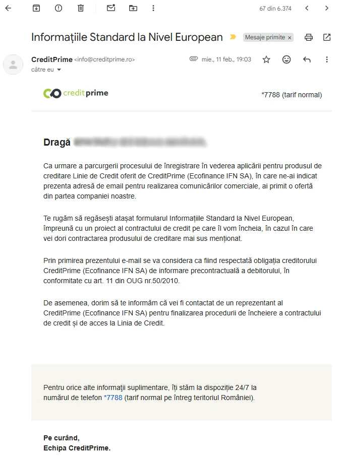 Informațiile Standard la Nivel European - email trimis de CreditPrime
