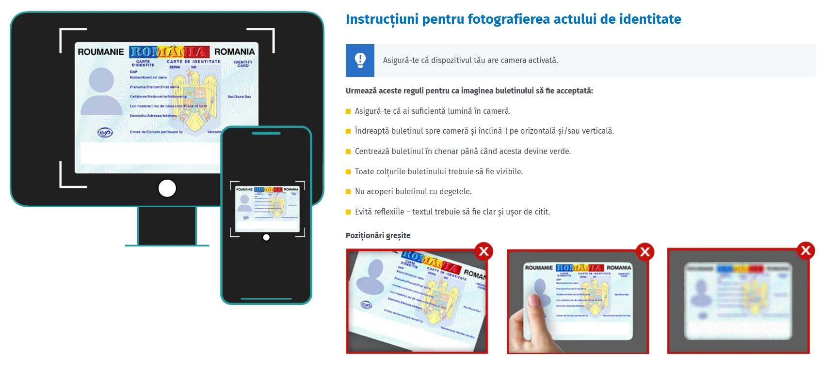Instructiuni pentru fotografierea actului de identitate in procesul de verificare