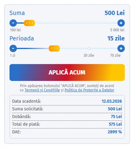 Captură de ecran cu calculatorul HoraCredit setat la 500 lei și 15 zile