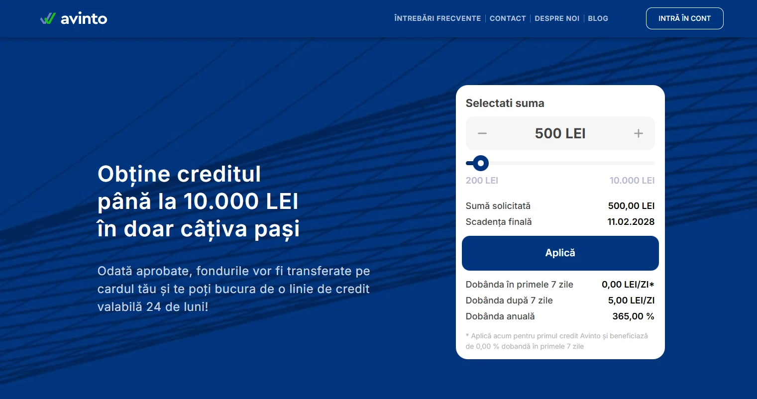 Captură de ecran cu pagina principală Avinto și calculatorul setat la 500 lei
