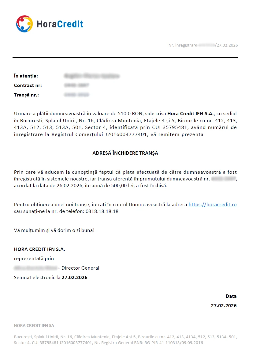 Captură de ecran cu Adresa de închidere a tranșei de 500 lei