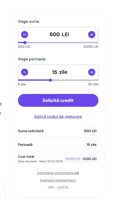 captură de ecran cu calculatorul Acredit setat la 500 lei și 15 zile, unde apar cost total 0,00 lei, dobânda tăiată de 75,00 lei și DAE 0,00%