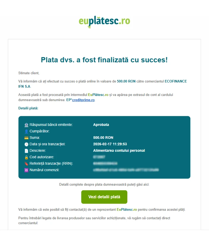 captură de ecran cu confirmarea plății prin EuPlătesc pentru suma de 500 lei