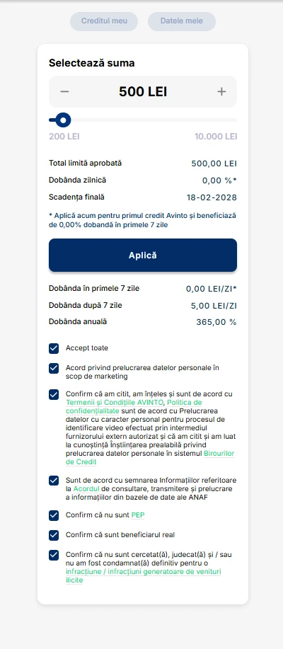 Captură de ecran cu ecranul de aplicare Avinto