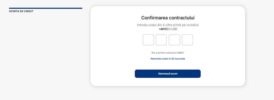 captură de ecran cu ecranul de confirmare a contractului prin cod SMS
