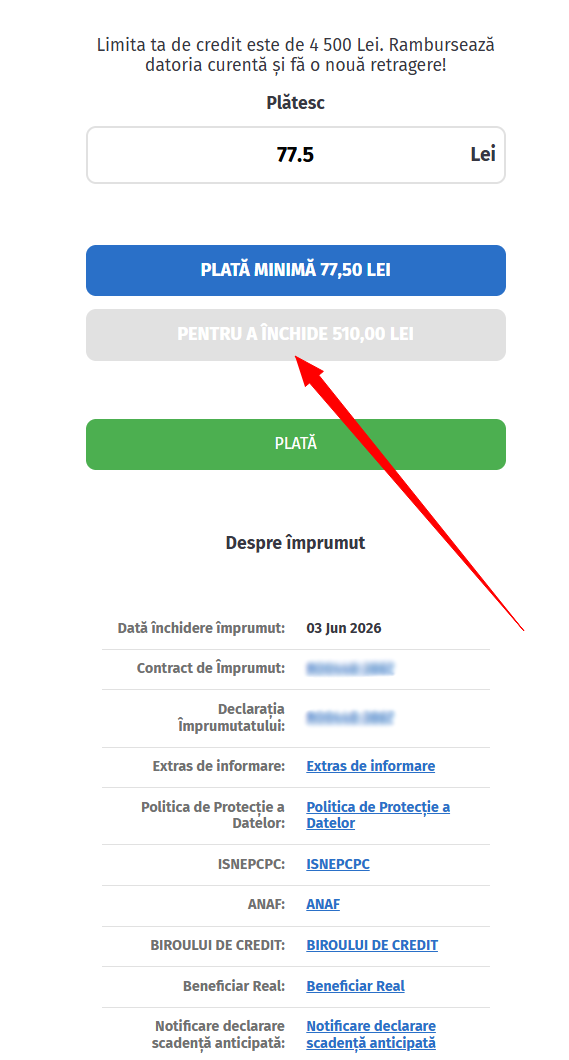 Captură de ecran cu ecranul de rambursare în care apar suma minimă de 77,5 lei și opțiunea „PENTRU A ÎNCHIDE 510,00 LEI”