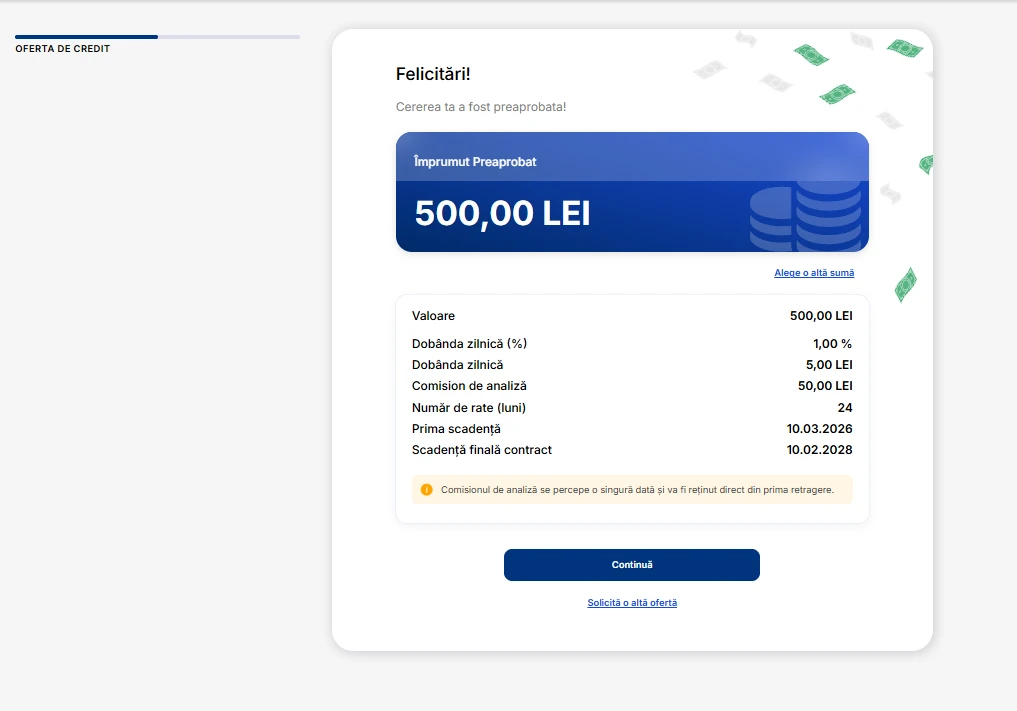 captură de ecran cu ecranul „Felicitări! Cererea ta a fost preaprobată!” pentru 500 lei, unde apar dobânda zilnică de 1%, dobânda zilnică de 5 lei și comisionul de analiză de 50 lei