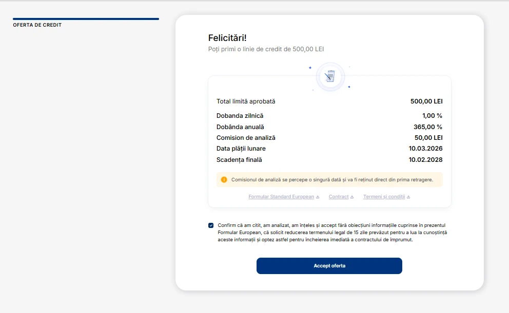 captură de ecran cu oferta finală Avinto, unde apar limita aprobată de 500 lei, dobânda de 1% pe zi, comisionul de analiză de 50 lei și linkurile către documentele contractuale