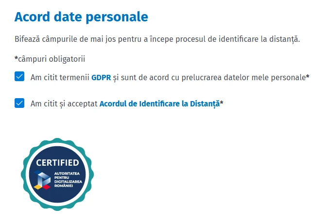 Captură de ecran cu pagina „Acord date personale” în procesul de verificare a identității la HoraCredit