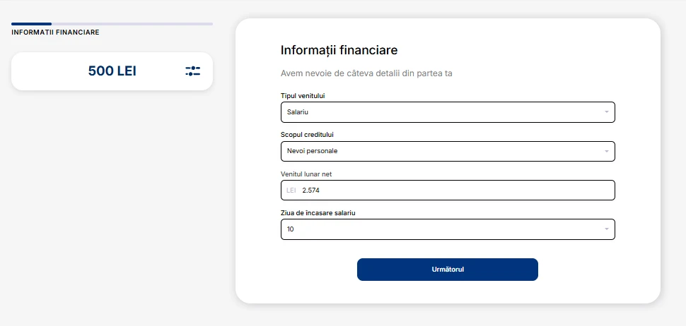 captură de ecran cu pagina „Informații financiare”, unde apar tipul venitului, scopul creditului, venitul net lunar de 2.574 lei și ziua de încasare