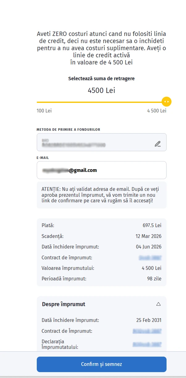 captură de ecran cu ecranul în care apare linia de credit aprobată de 4.500 lei, sliderul dus la maxim