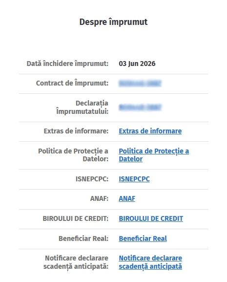Captură de ecran cu secțiunea „Despre împrumut”, unde apar linkurile către contract, extrasul de informare, ANAF și Biroul de Credit