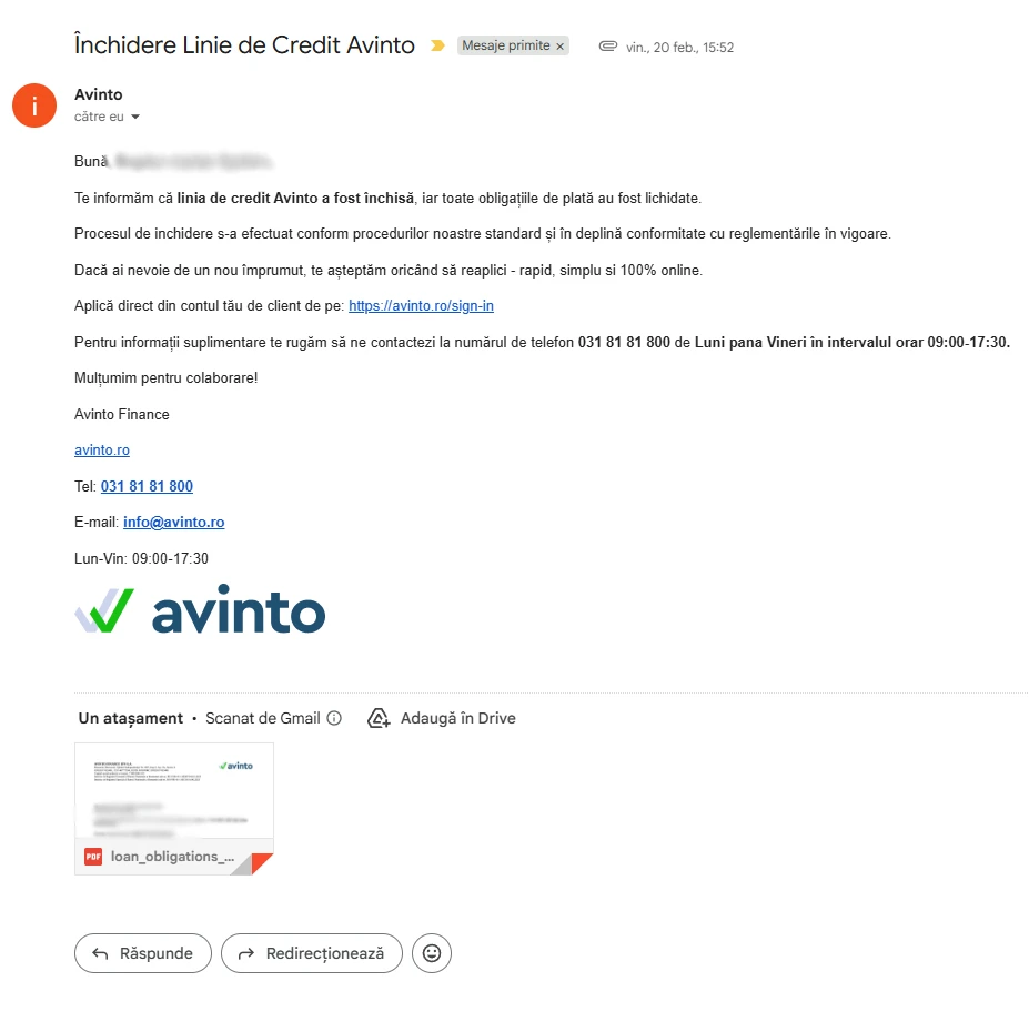 Captură de ecran cu e-mailul Avinto privind închiderea liniei de credit Avinto