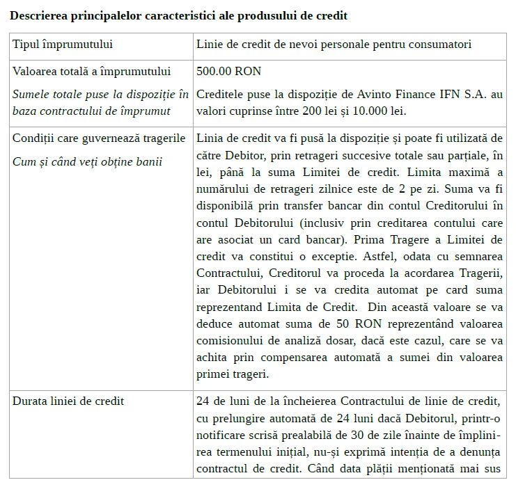 captură de ecran ce contine un extras din Formularul Standard European pentru Avinto