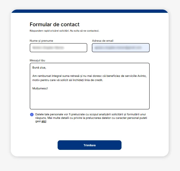 captură de ecran cu formularul de contact completat pentru solicitarea de închidere a liniei de credit Avinto