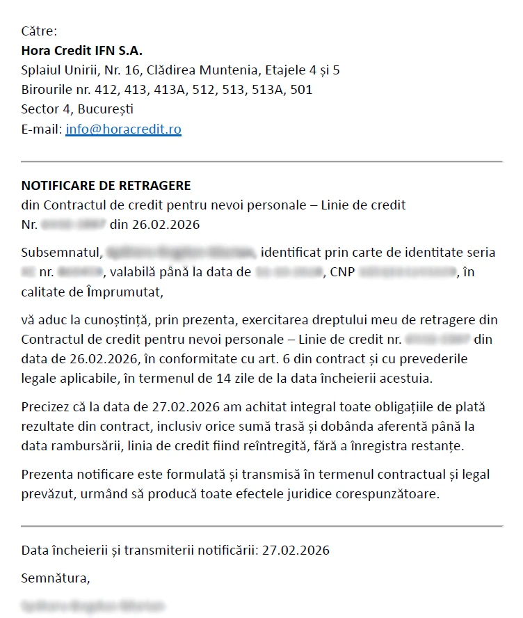 Captură de ecran cu notificarea de retragere trimisă pe email către HoraCredit