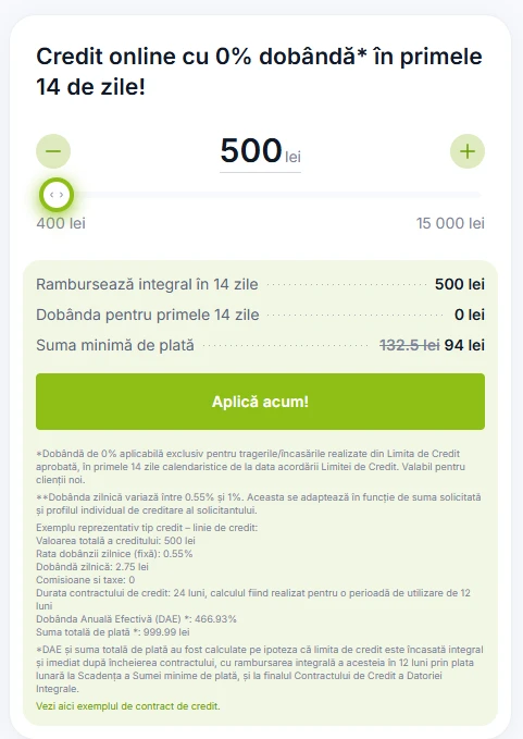 Calculator CreditPrime setat la 500 lei, folosit pentru testarea ofertei de credit rapid