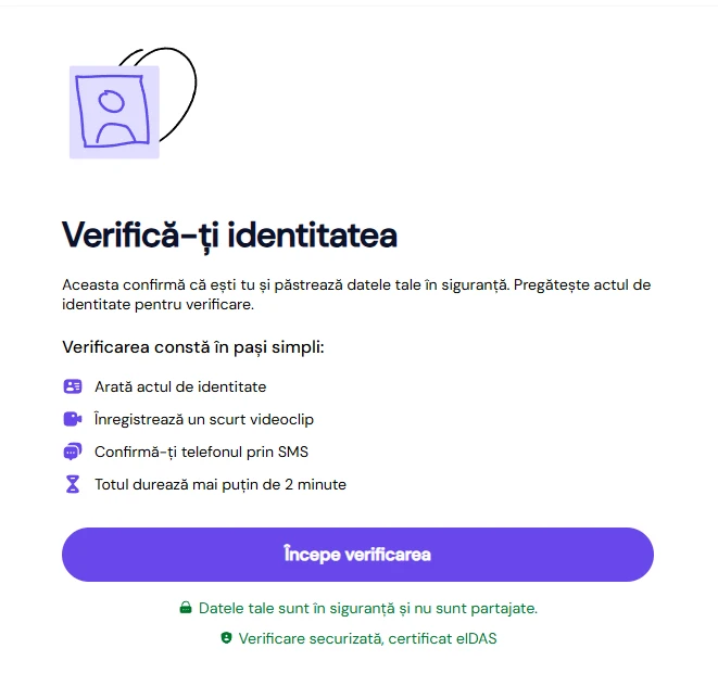 captură de ecran cu ecranul „Verifică-ți identitatea”, unde sunt menționați pașii de verificare și certificarea eIDAS
