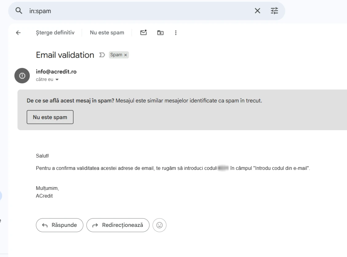 captură de ecran cu emailul de validare Acredit ajuns în spam