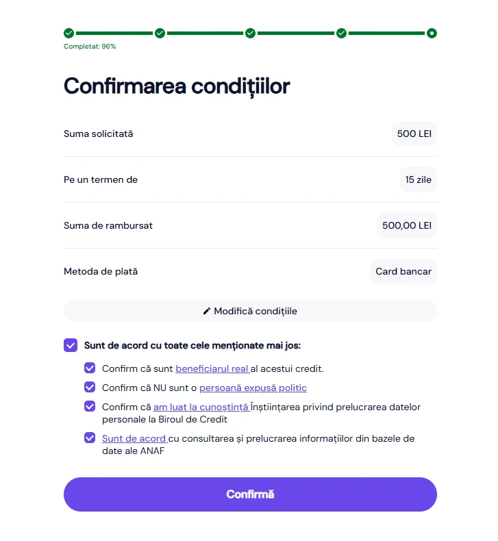 captură de ecran cu pagina „Confirmarea condițiilor”, unde apar suma de 500 lei, termenul de 15 zile și confirmările legate de Biroul de Credit și ANAF