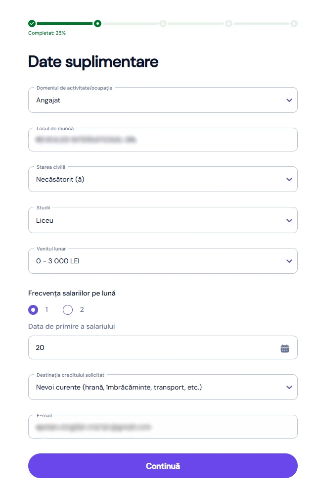 captură de ecran cu pagina „Date suplimentare”, unde apar ocupația, locul de muncă, venitul lunar și destinația creditului