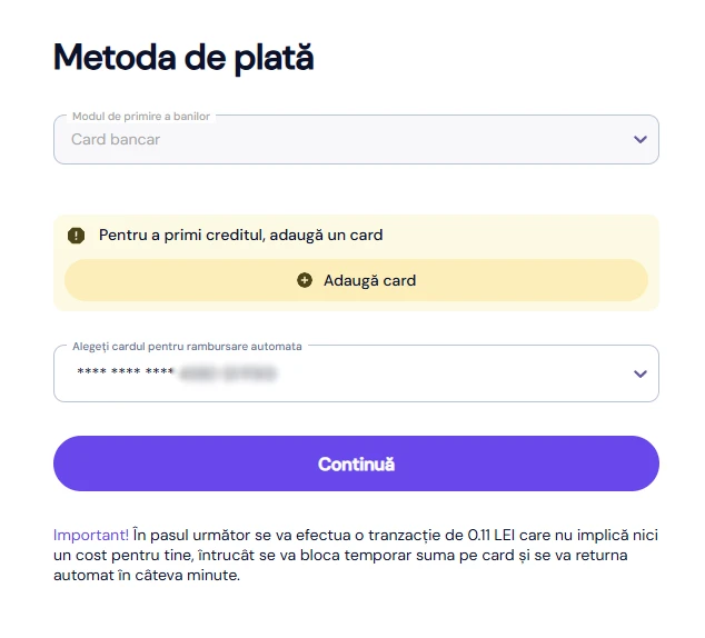captură de ecran cu pasul în care se adaugă cardul pentru rambursare automată și apare mențiunea despre tranzacția de 0,11 lei