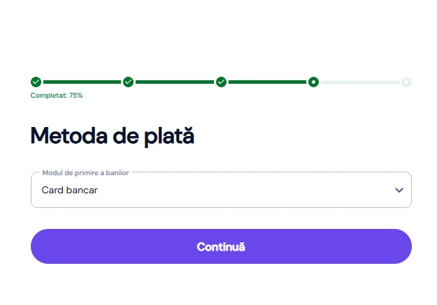 captură de ecran cu pasul „Metoda de plată”, în care este selectat card bancar