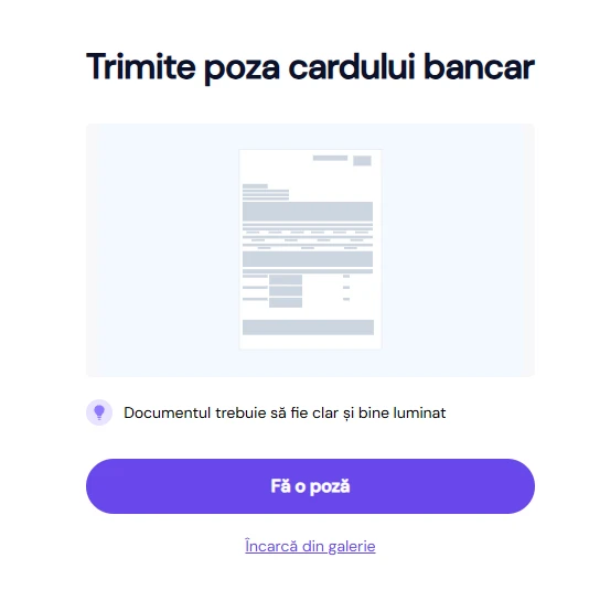 captură de ecran cu solicitarea de a trimite poza cardului bancar