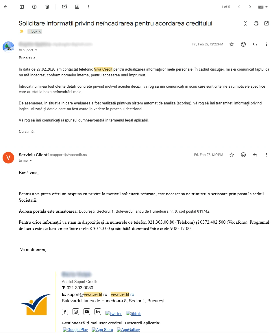 conversatia avută pe email cu VivaCredit la 27 februarie 2026
