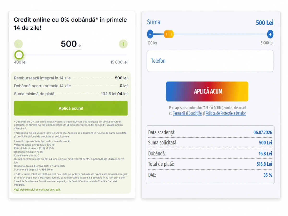 CreditPrime vs. HoraCredit colaj imagini cu calculatoarele de credit