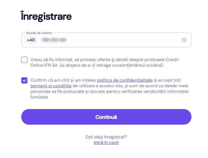 Captură de ecran cu ecranul de înregistrare Acredit, unde apare numărul de telefon și bifa de acceptare a politicii de confidențialitate