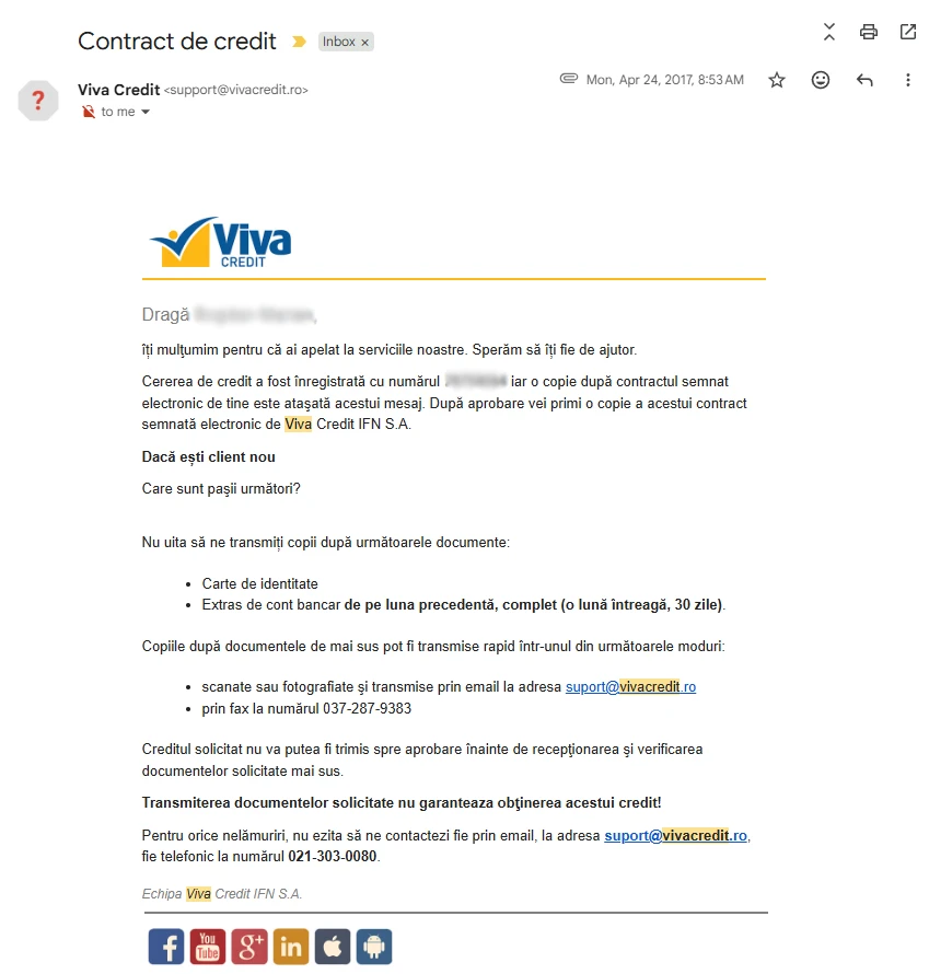 Captură de ecran cu mesajul VivaCredit din 2017