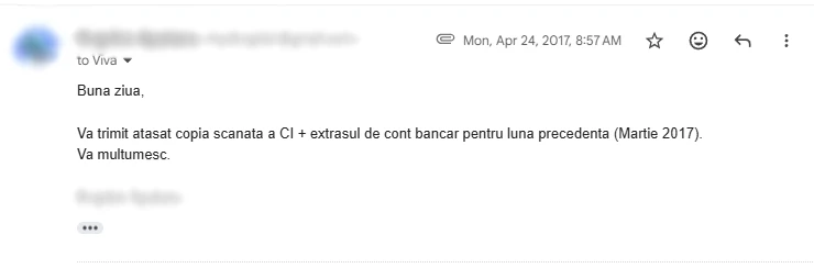 Captură de ecran cu mesajul trimis de mine către VivaCredit în 2017