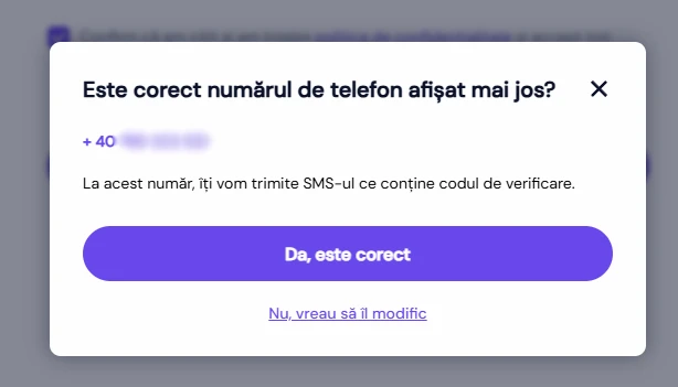 captură de ecran cu pop-up-ul de confirmare a numărului de telefon