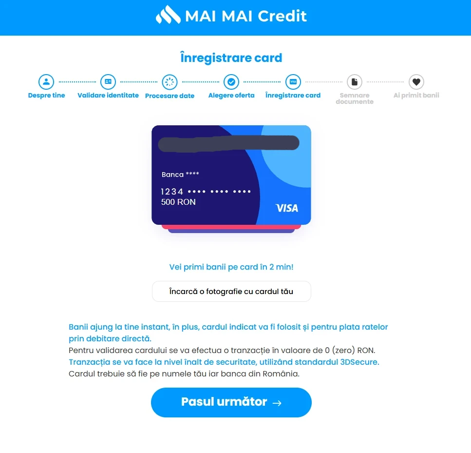 Etapa „Înregistrare card”
