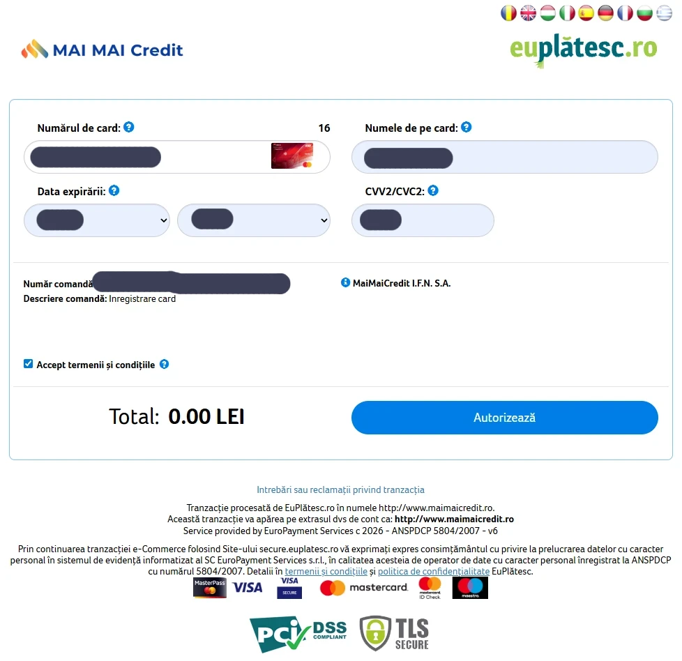 pagina EuPlătesc pentru autorizarea tranzacției de 0 lei