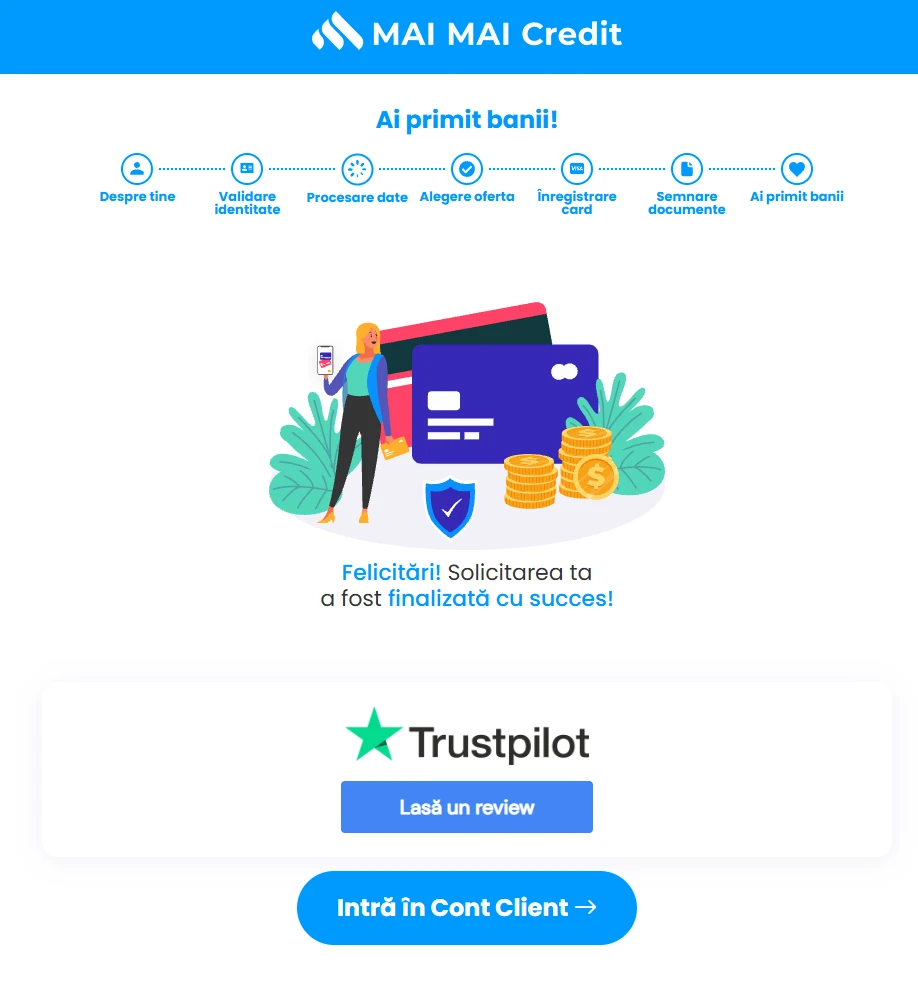 Pagina cu mesajul „Ai primit banii!” / solicitare finalizată cu succes