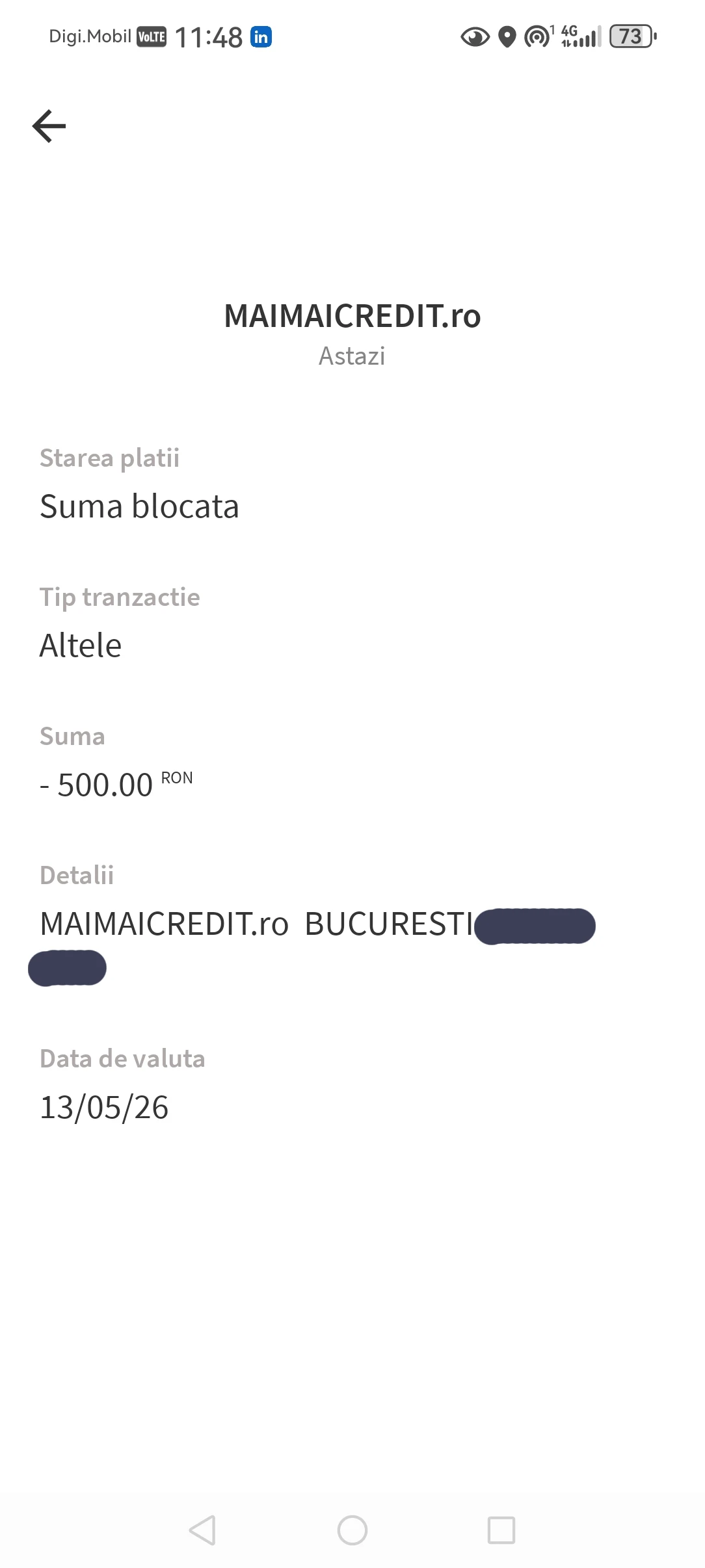 dovada operațiunii de 500 RON în aplicația bancară