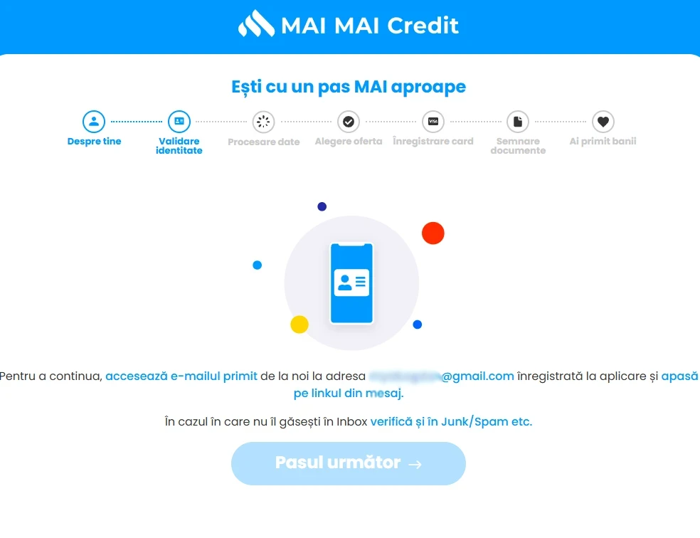 Mesajul MAI MAI Credit care cere accesarea e-mailului pentru continuarea aplicării