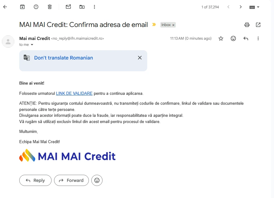 e-mailul de confirmare a adresei