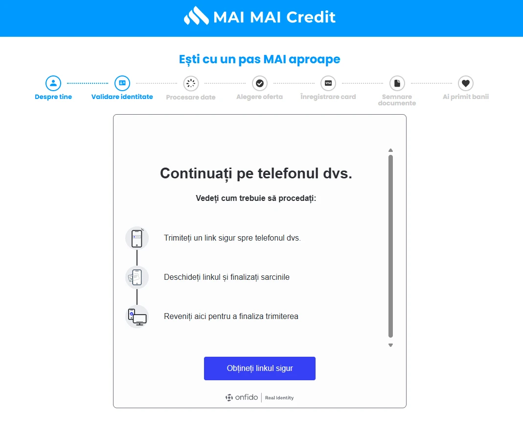Mesajul care explică faptul că procesul continuă pe telefon