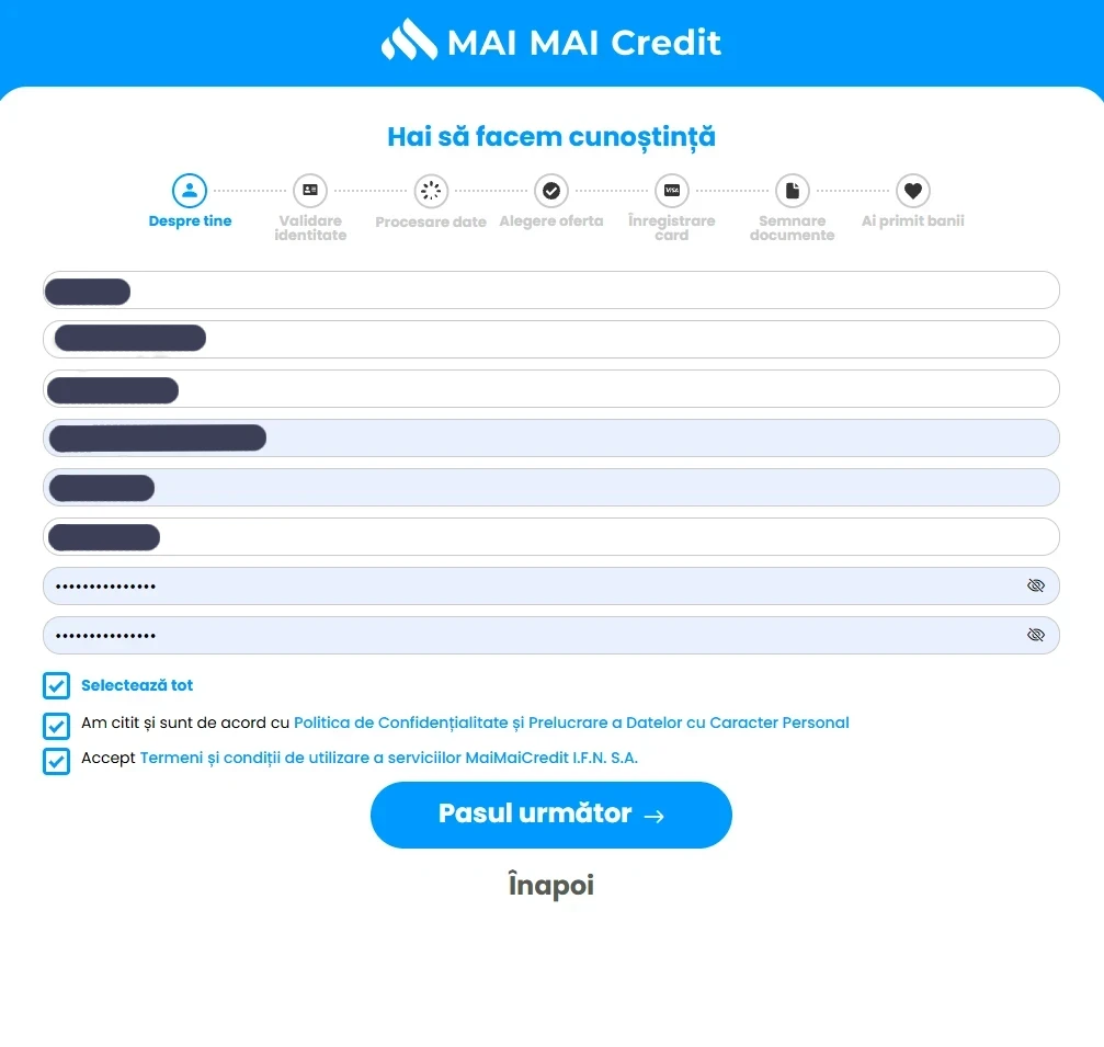 Formularul „Hai să facem cunoștință” de la MAI MAI Credit