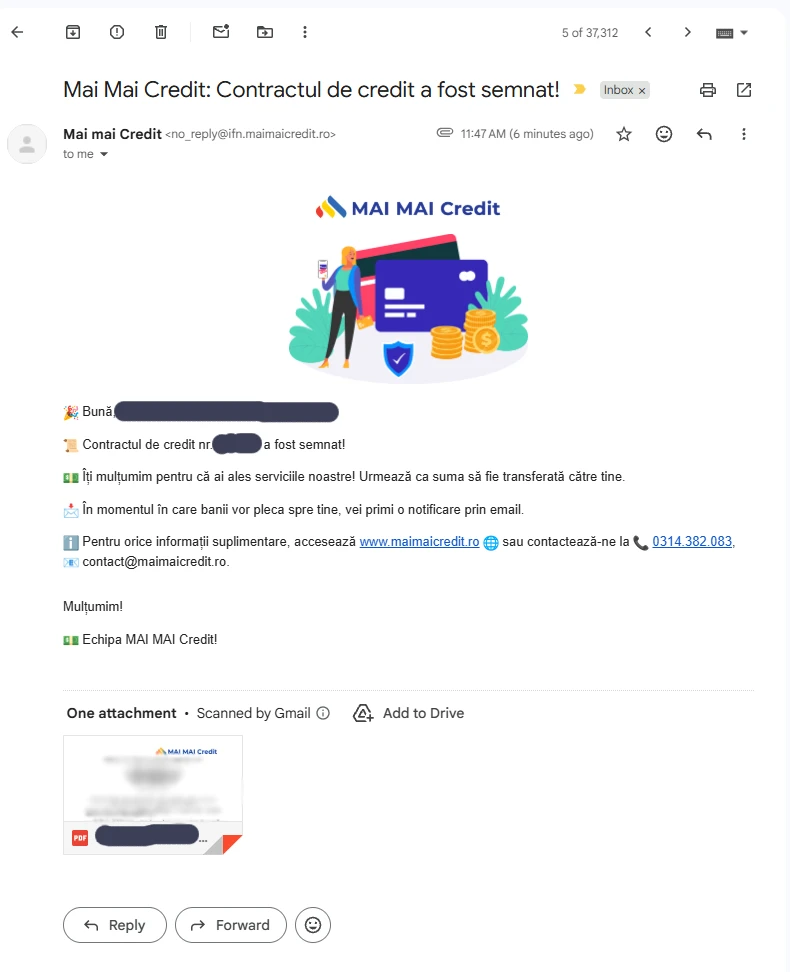 e-mailul „Contractul de credit a fost semnat”