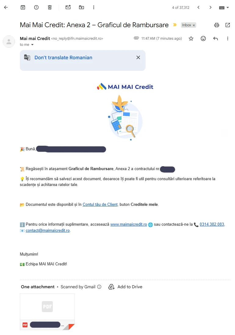 e-mailul cu Anexa 2 – Graficul de Rambursare
